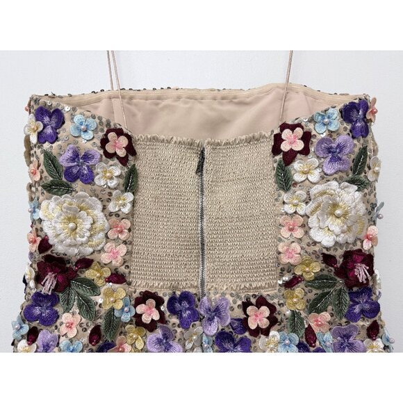 Alice + Olivia Velia Embellished Mini Gown Dress Floral Embroidered Champagne 12 - Picture 12 of 16